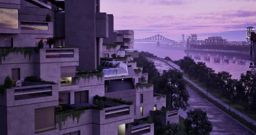 Edificios residenciales modernos a lo largo de un río al anochecer con un horizonte urbano como telón de fondo