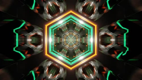 Orange And Turquoise Neon Glowing Hexagoned Tunnel Background Vj Loop In HD