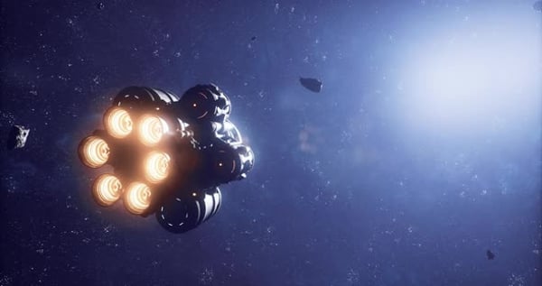 Spaceship Navigating Through Asteroid Field in Deep Space Near Distant ...