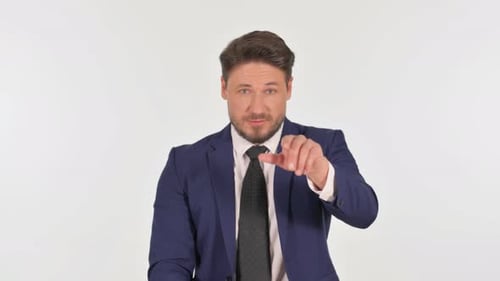 Portrait of Businessman inviting People on White Background