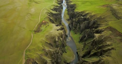 fjaðrárgljúfur massive canyon in Iceland, Aerial view