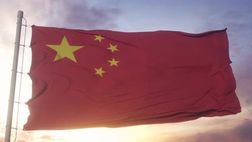 China Flag Waving at Sunset with Clouds