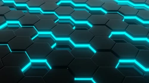 Forma de hexágono negro en bucle sin fisuras con fondo de iluminación de neón azul