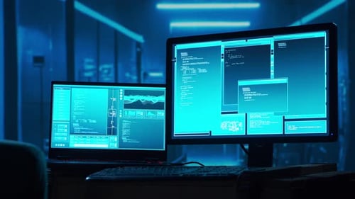 Computer Code on Monitors in Dark Futuristic Room