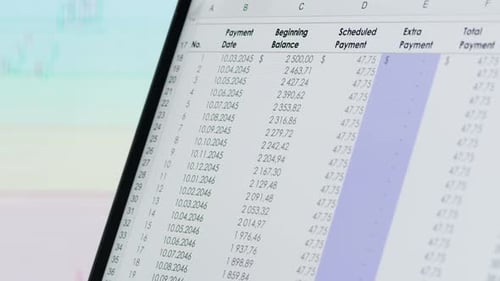 Closeup of Financial Cash Flow Data on PC Screen Mortgage Payment Sheet Schedule Loan Fee