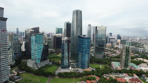 Panoramic cityscape of Indonesia capital city Jakarta at sunset