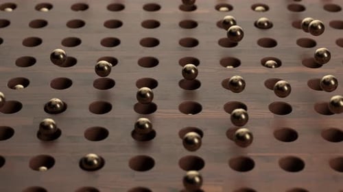 Abstract 3D Golden Balls Bouncing on Wood Grid