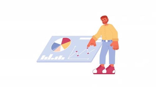 Bearded caucasian man touching data dashboard 2D character animation