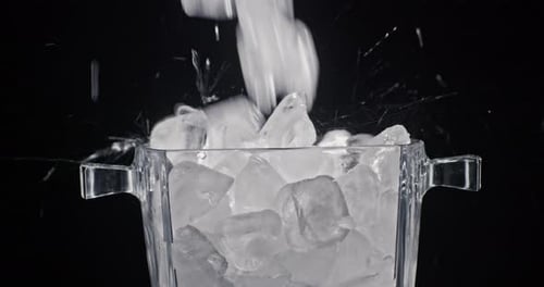 Ice Cubes Fall Into a Glass Ice Container