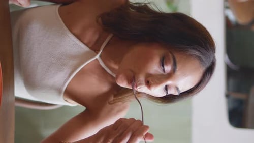 Hungry Lady Dinning Cafe at Weekend Break Closeup Woman Enjoying Food Vertical