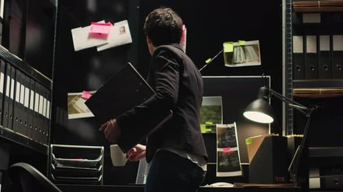 Woman Reads Documents Near Investigation Pin Board
