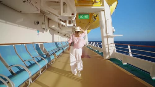 Stylish Woman Walking on Cruise Ship Deck