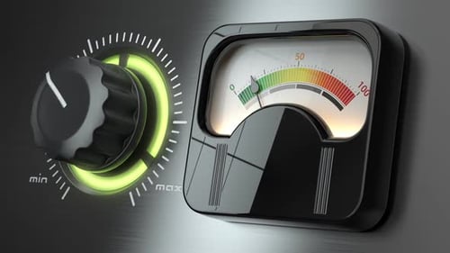 Erhöhen des Signalpegels von 0 auf Maximum. Einstellknopf und Pfeil für das Bedienfeld im Vintage-Stil
.