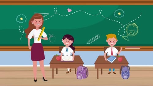 Animated Teacher and Students in Classroom Education Scene