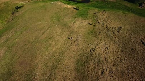 Aerial Video of Man Walking in Picturesque Valley on Green Grass Towards a River Drone Tracking Shot