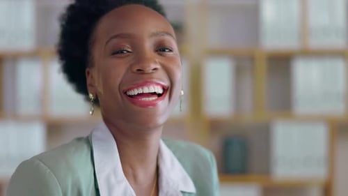 Night, laugh and face of black woman in office for professional, corporate and management