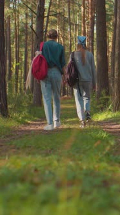 Sisters Walking Along Forest Trail Surrounded By Greenery with Backpacks