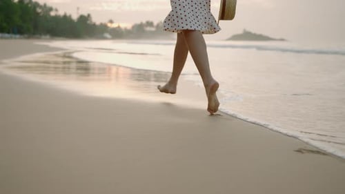 Female Feet Running Barefoot on Tropical Sandy Beach at Summer Sunset Slim Woman's Legs Run on Sand