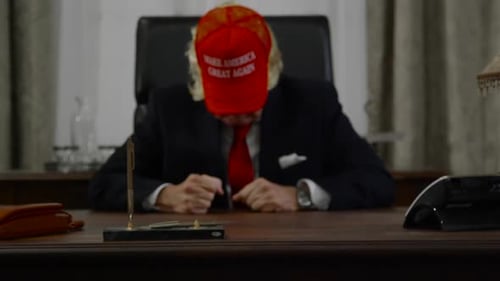 Trump close up at desk overwhelmed by the job of president HD