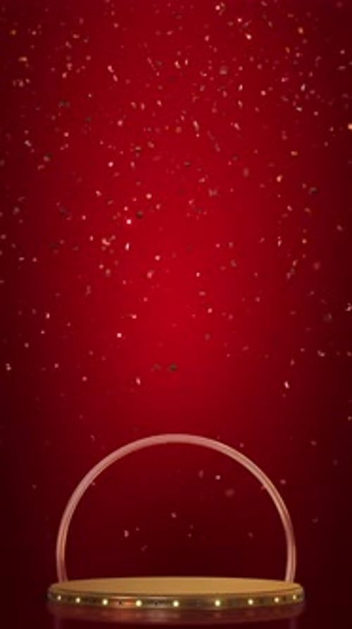 Golden Podium with Falling Confetti and Red Backdrop