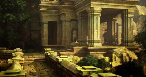 Ruines d'anciens temples entourées d'une végétation luxuriante au coucher du soleil