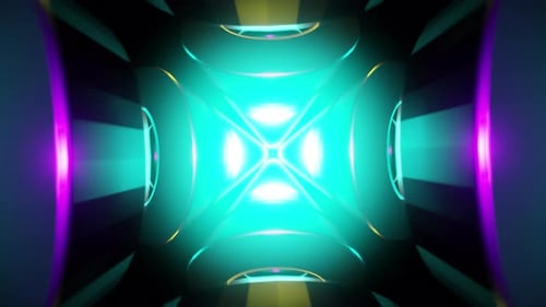 Cyan Ring Tunnel VJ Loop with Magenta Donuts Mirrored Kaleidoscope Glow