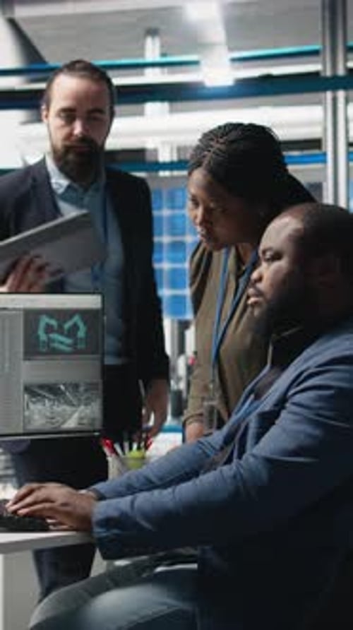 Vertical Video Multiethnic Team of Experts Collaborating in a Solar Panel Power Plant