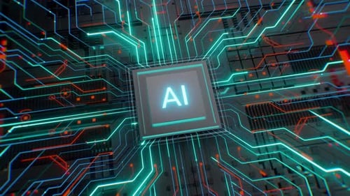 Futuristic AI Processor Chip with Glowing Circuit Board