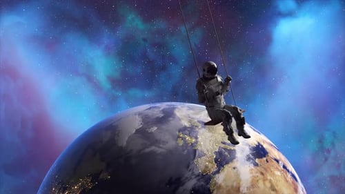 Abstract Space Concept Astronaut on a Swing The Earth is in the Background Blue Neon Color 3d