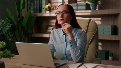 Thinking Woman Caucasian Businesswoman Female Office Manager Business Worker Executive Thoughtful