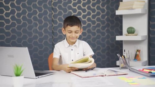 Boy Reads a Book at Desk
