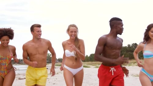 Friendship, Summer Holidays and People Concept - Happy Friends Running on Beach Adult