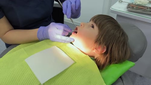 A Doctor Dentist in a Medical Mask and Blue Rubber Gloves Puts a Seal on a Little Boy Toddler Dental