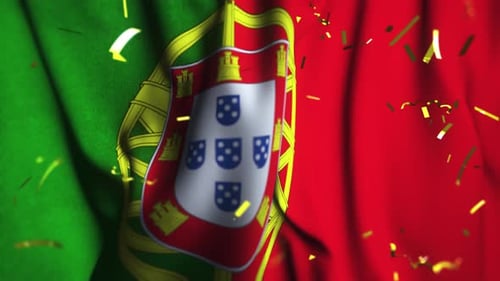 Waving Portugal Flag with Golden Confetti Celebration
