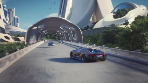 4K, Fake 3D video game. Utopia city racing fake game