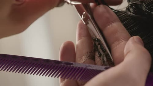 Haircut Close Up with Scissors and Comb