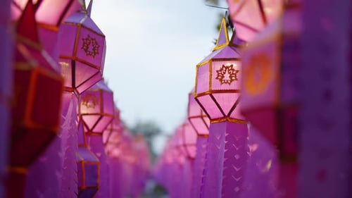 Hanging one hundred of multi colours lantern light lamp for Loy Krathong Festival in Lampune.
