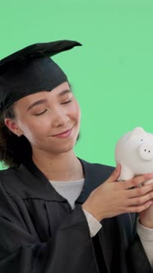 Piggy bank, green screen and face of woman graduate with finance savings for future education