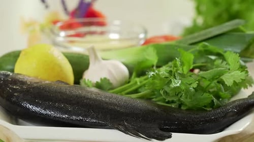Fresh Trout Fish with Vegetables and Greens As Ingredients