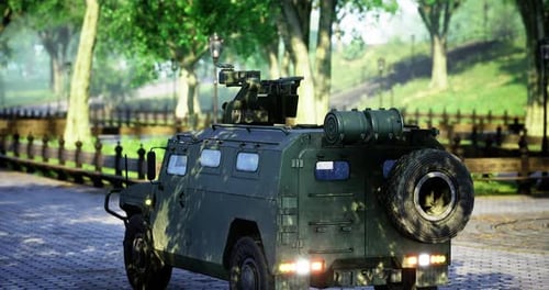 Military Vehicle Parked Under Trees in a Peaceful Park Setting