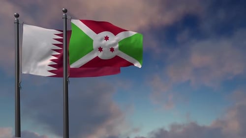 Flags of Qatar and Burundi Waving in Wind