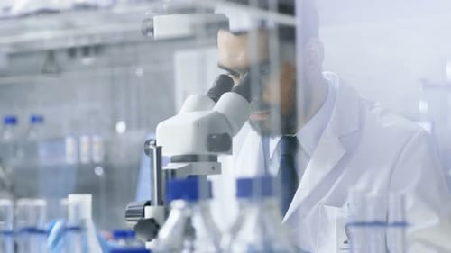 Scientist Using Microscope in Brightly Lit Laboratory