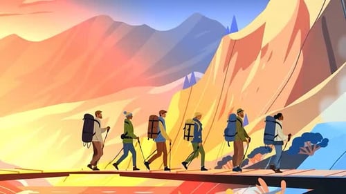 Grupo de excursionistas haciendo senderismo por el sendero de las montañas al amanecer - Viajes de aventura - Mochileros