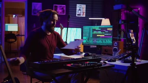 Musician Displays Sheet Music in Neon Studio
