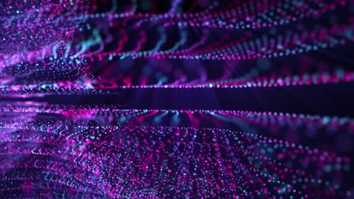 Dynamic waves of colorful particles smoothly moving on a dark background with shine effect