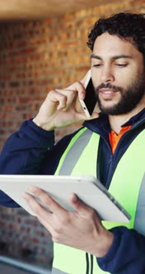 Man, architecture and tablet with phone call for planning construction project