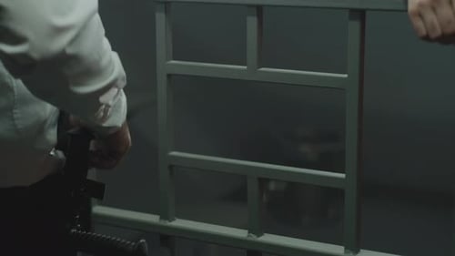 Close Up of Jailer Giving Phone to Criminal Through Metal Bars