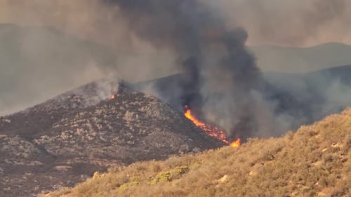 Dark smoke billows over red hot forest fire, wildfire. California.