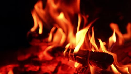 Unfocused view of the comforting bonfire. Wooden logs burn in the campfire. Close up.