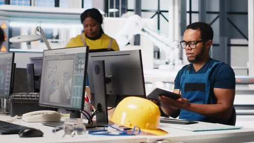 Afroamerikanischer Techniker analysiert Leistungsberichte von Solarzellen auf dem PC